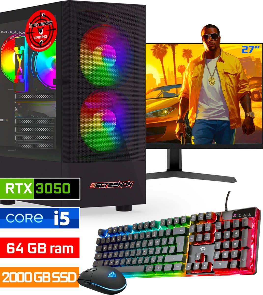 ScreenON - Intel Core i5 - 2000GB SSD - 64GB RAM - RTX 3050 - Gaming Set - V122023527 (27" Monitor + Toetsenbord + Muis)