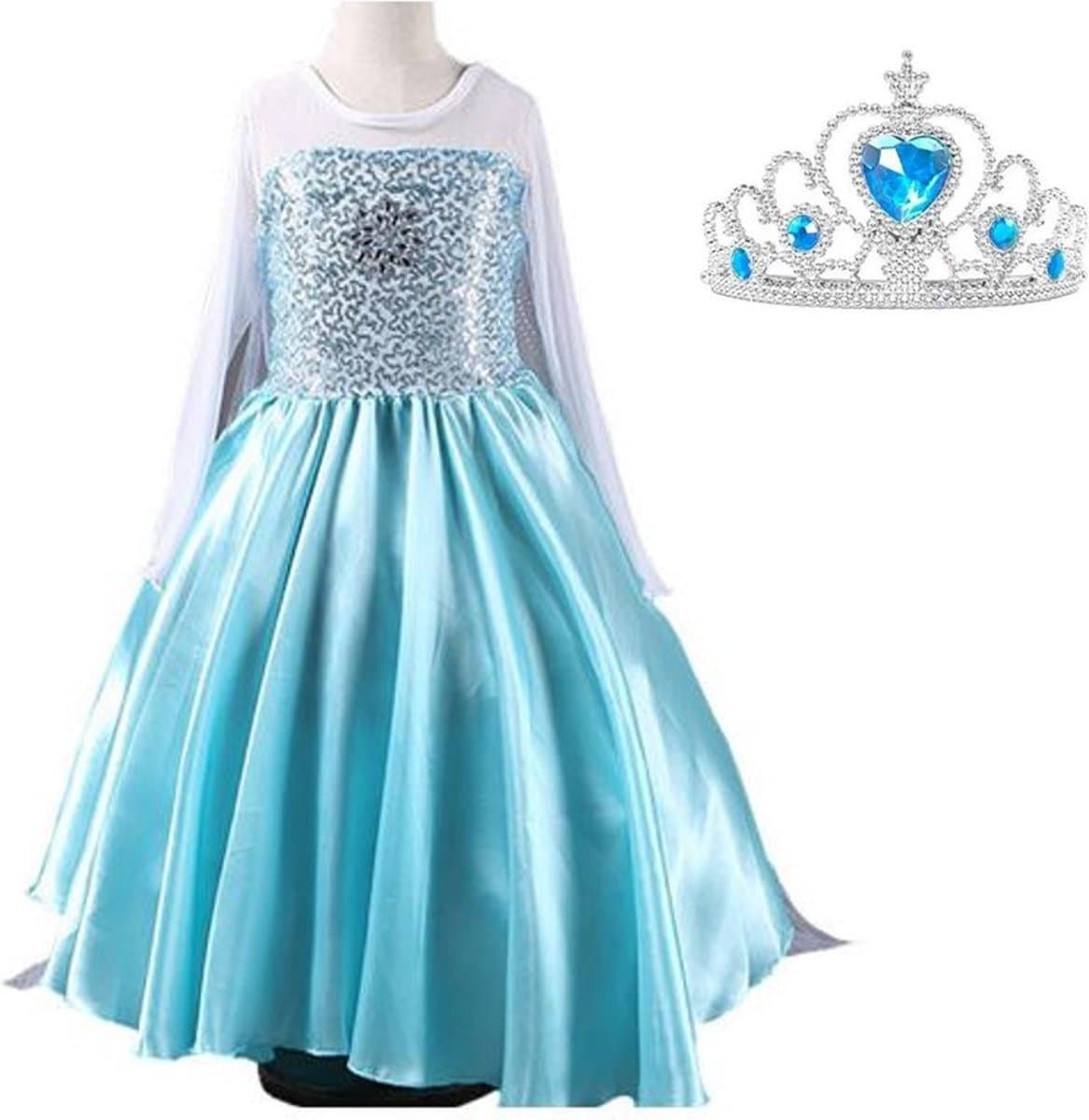 La Señorita Elsa jurk Ster 150 met sleep + kroon blauw maat 140-146 Prinsessenjurk meisje blauw Verkleedkleren meisje