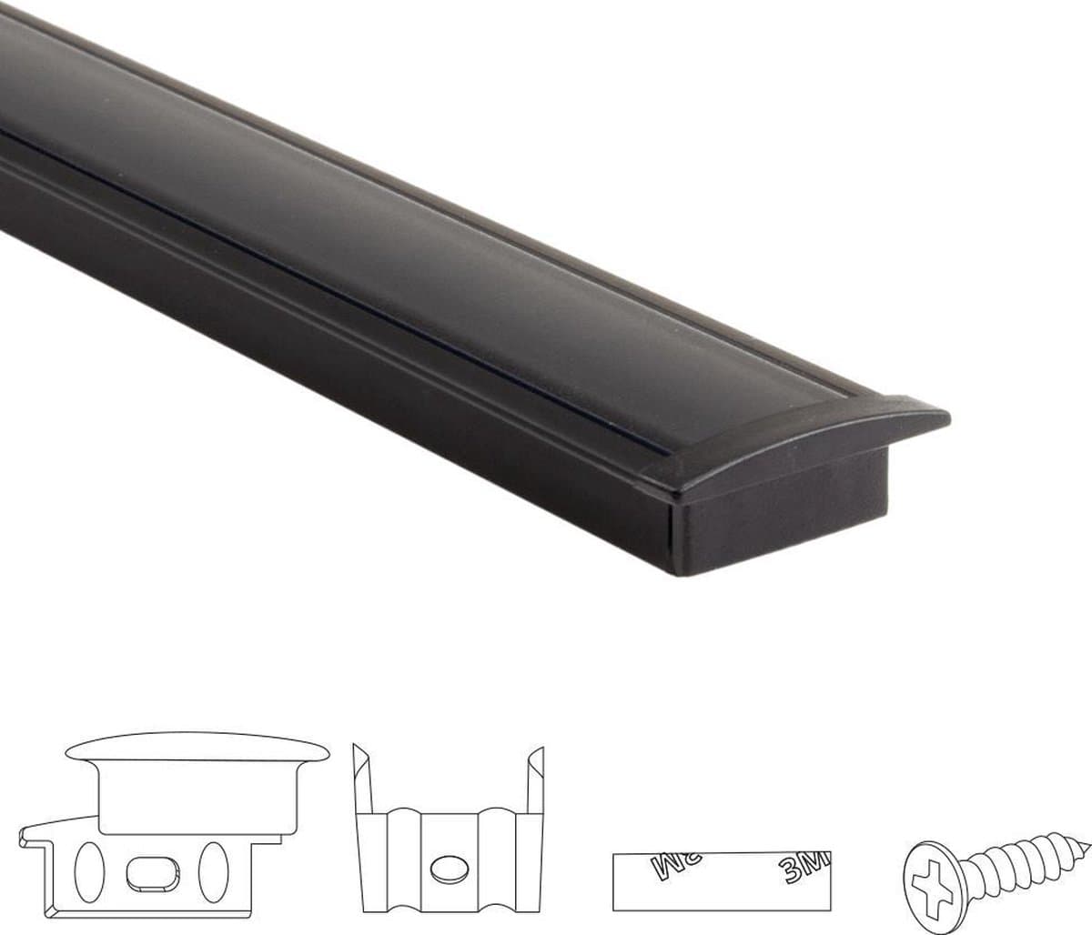 4 meter aluminium led strip profiel inbouw - Zwart - 7 mm hoog - Compleet incl. afdekkap - Led profiel zwart