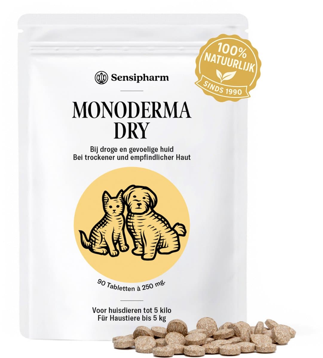 Sensipharm® Monoderma Dry 250 mg Kat & Hond - Anti Jeuk - Droge Huid & Vacht Supplement - 90 Tabl.