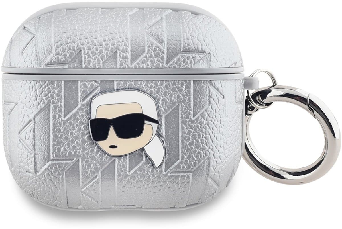 Karl Lagerfeld, Zaak voor AirPods 3 met monogram en Karl hoofd in reliëf, Zilveren