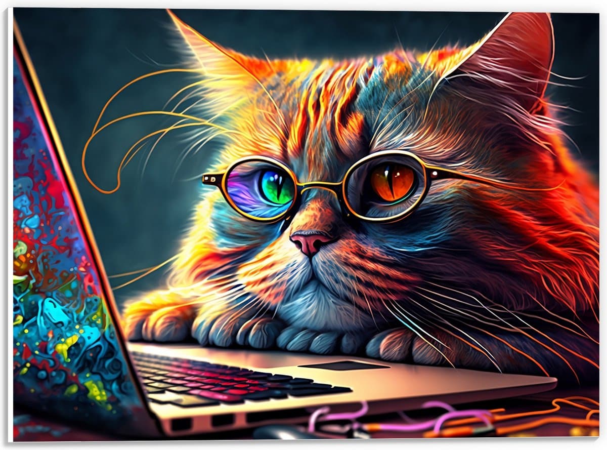 PVC Schuimplaat- Kleurrijke Snuggere Kat met Bril achter Laptop - 40x30 cm Foto op PVC Schuimplaat