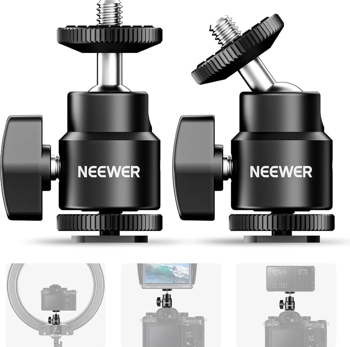 Set van 2 - Flitsschoenhouders met extra 1/4 inch Schroef - Minibal - Flitsschoenhouderadapter voor camera's - Camcorders - Smartphone - Videolamp - Microfoon - Ringlamp -X01NSK371
