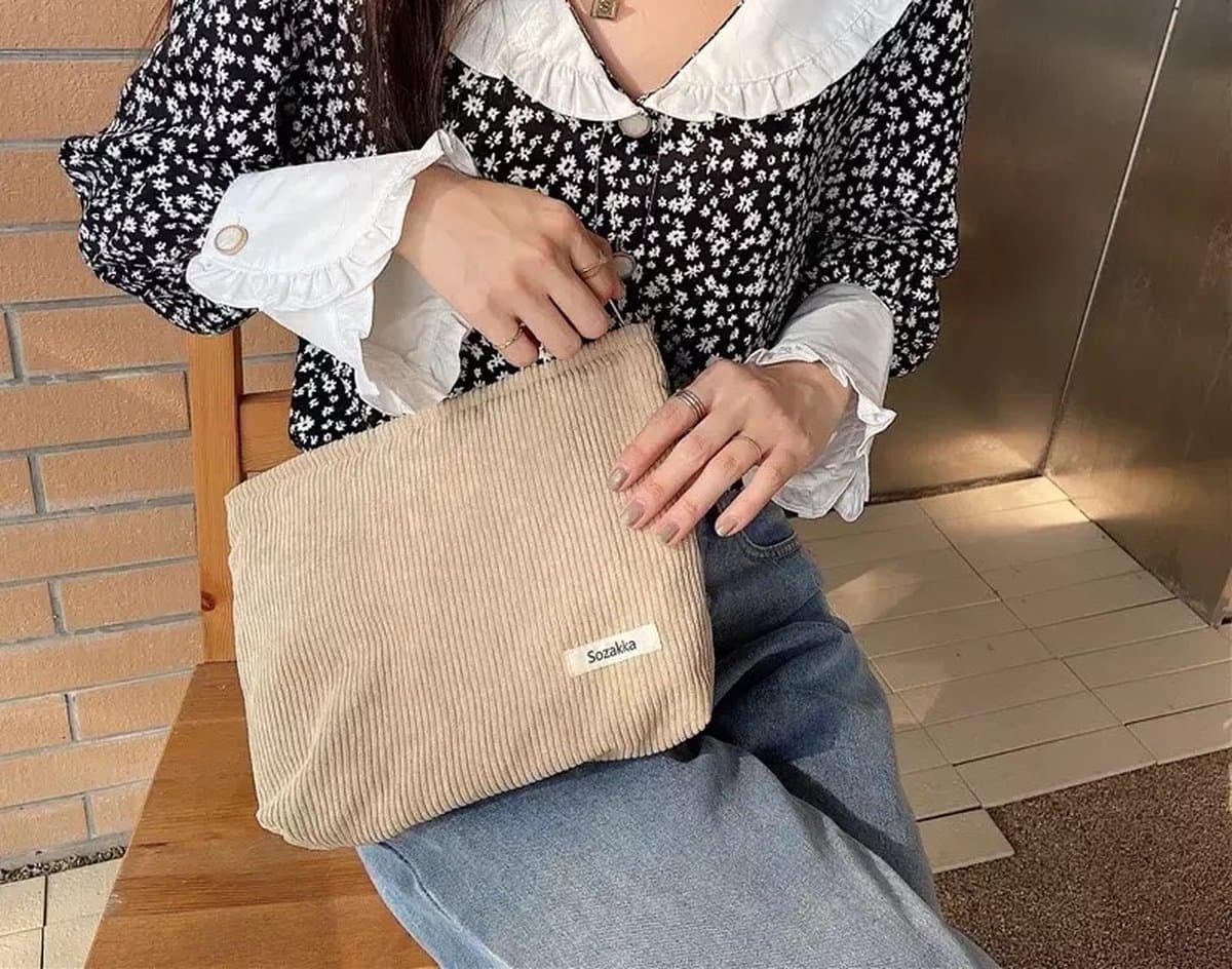 Without Lemon - Corduroy Make Up Toilettas - Reistas - Pouch - Clutch - Opbergtasje - Rib - 26x19cm - Beige