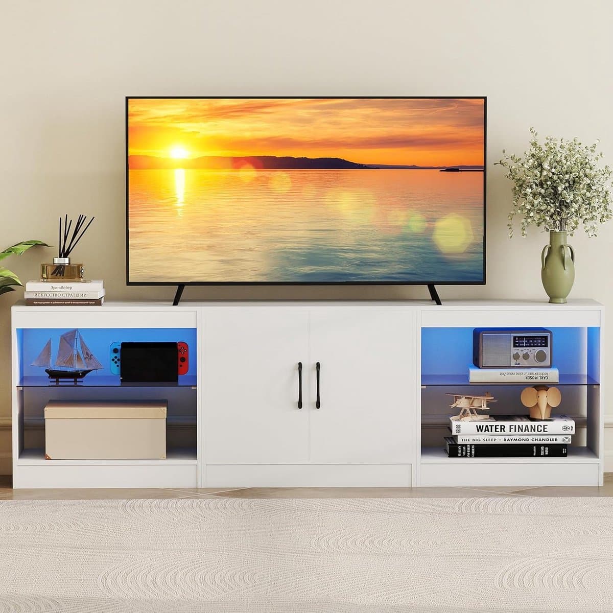Modulaire TV Kast 195 cm - LED Verlichting 16 Kleuren - TV Meubel Tot 85 Inch - Verstelbare Planken & Opbergruimte - Modern Rustiek Dressoir Entertainment Center TV Meubel Woonkamer