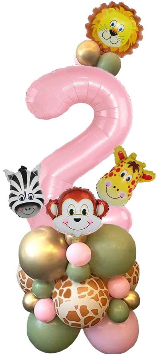 Ballonnen Set 2 Jaar - Jungle - Safari - Dieren - Roze Cijfer - Ballonnen met Print - Versiering - Verjaardag - Feestversiering - Meisjes en Jongens - 31-delig
