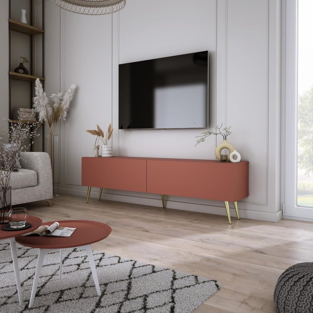 Modern TV-Meubel Brick Rood met Schuine Gouden Poten 140x52x32 cm – Stijlvolle Opbergkast voor Woonkamer