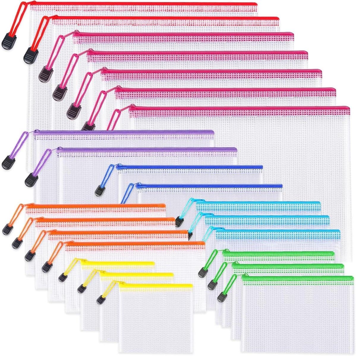Mesh Rits Pouch - Opbergzakken - Spullen Organiseren - 8 Verschillende Maten - 24 Stuks - Multicolor
