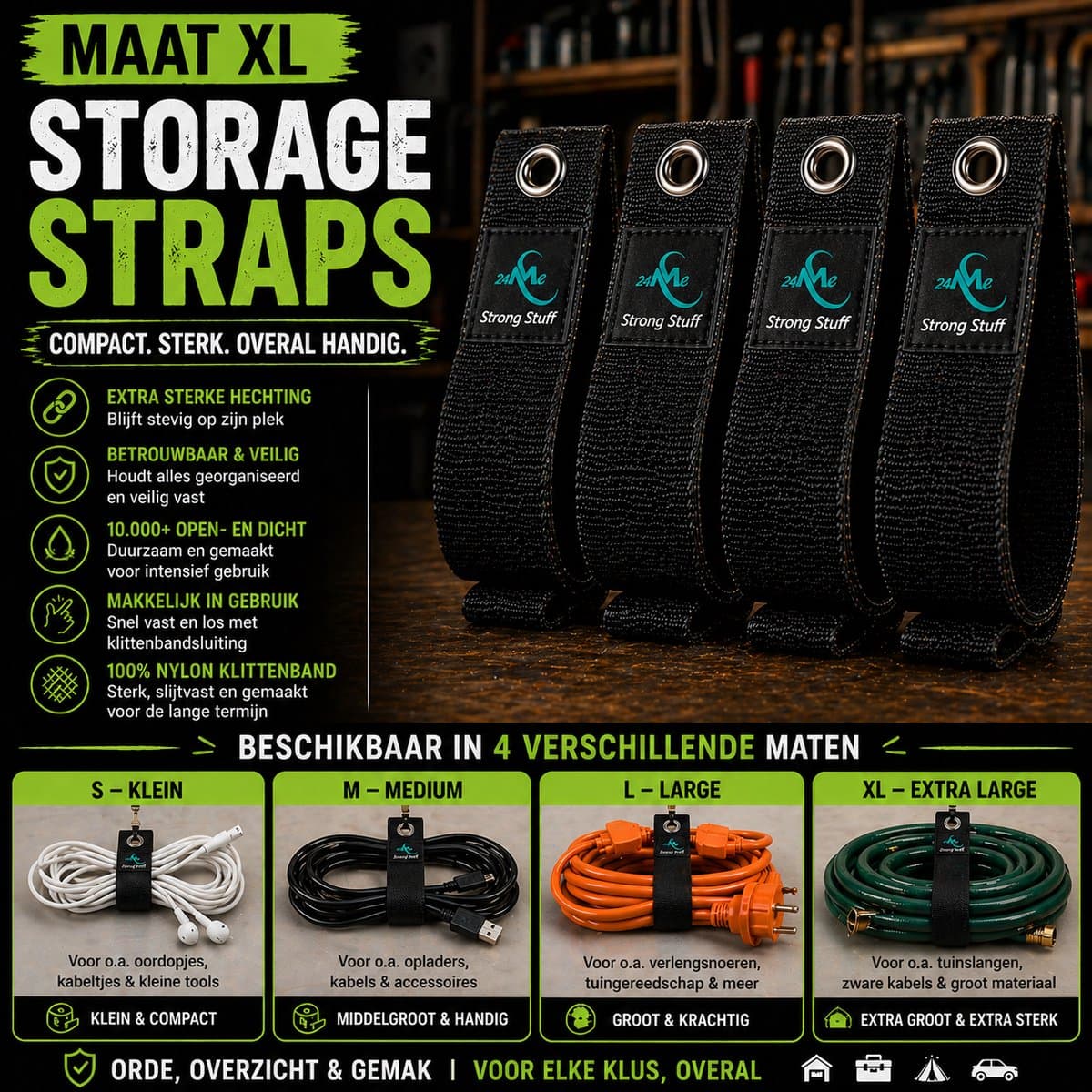 24ME® 4x Heavy Duty Storage Straps - Maat XL - Klittenband Binders met Ring - Ultra Strong Velcro - Organizers - Slijtvast