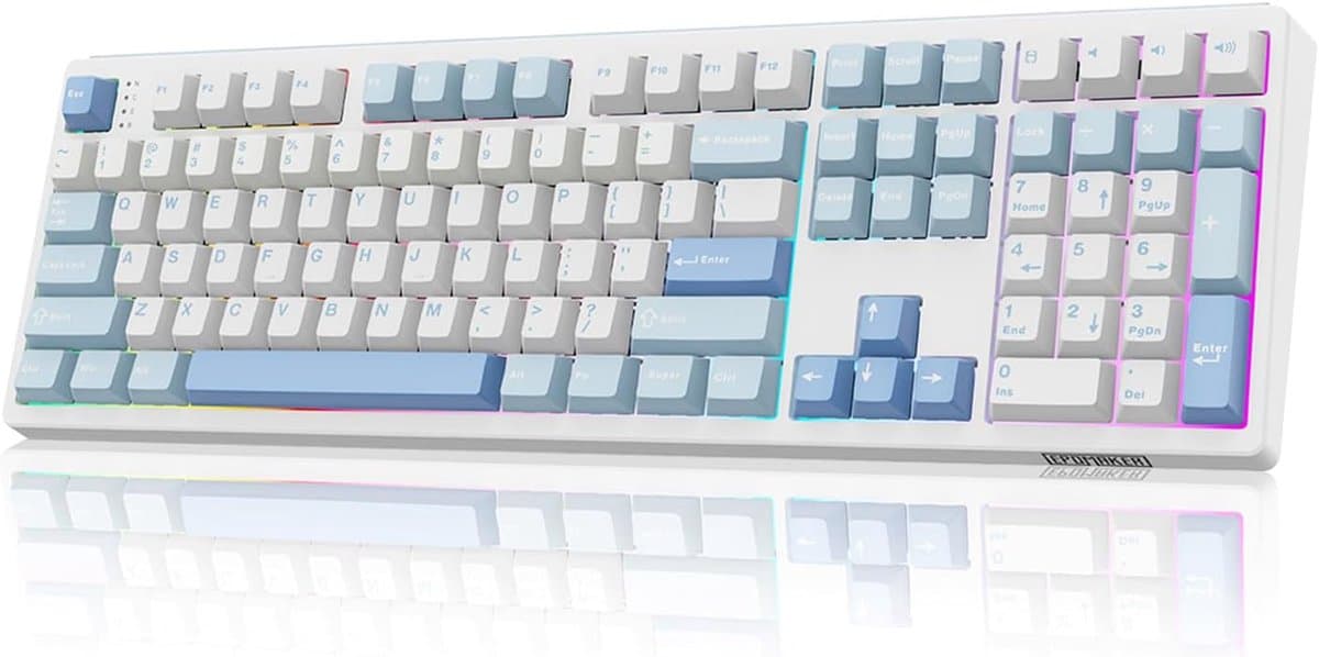 EPOMAKER TH108 - Full Size Mechanisch Toetsenbord - 100% Layout - Tri-Mode Draadloos - 8000mAh Batterij - Gasket Mount - Hot-Swap - RGB Backlight - PBT Keycaps - Wit/Blauw