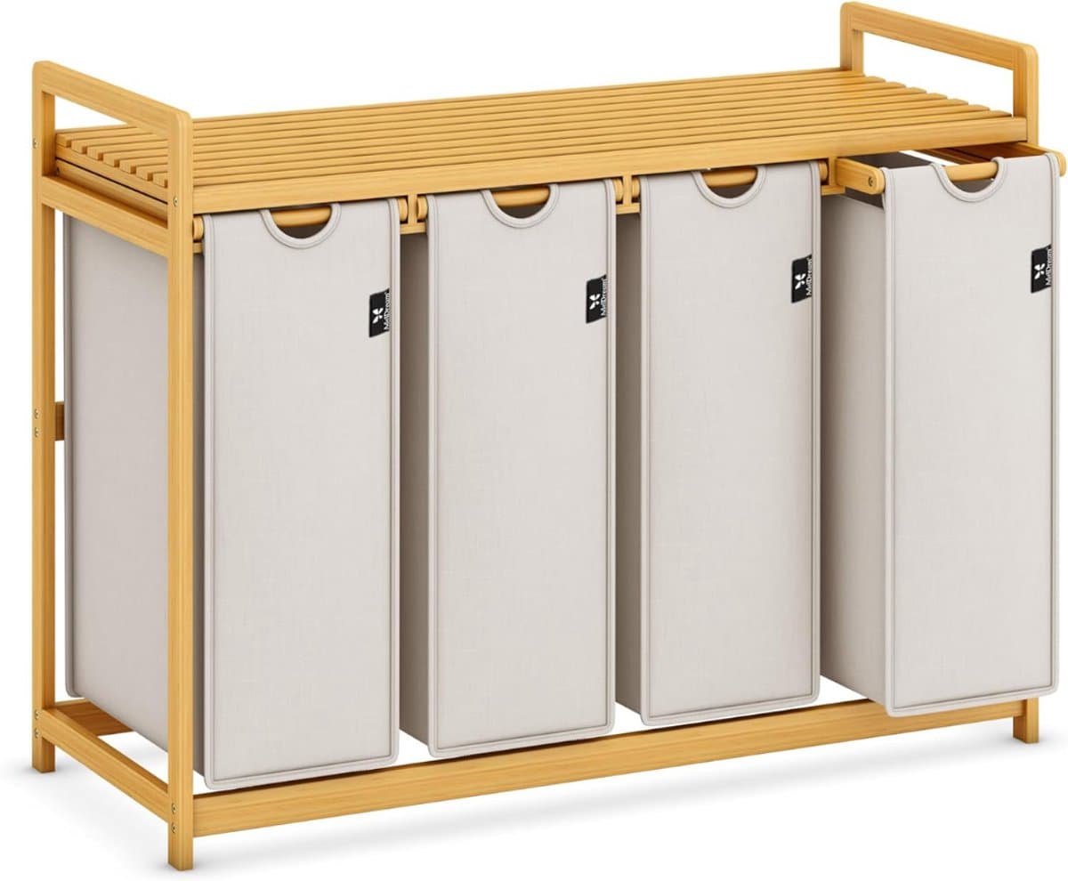 RUX® Wasmand 4 Vakken - Wassorteerder - Wasmand - met Verwijderbare Waszak - Grijs - 107cm x 42cm x 77cm