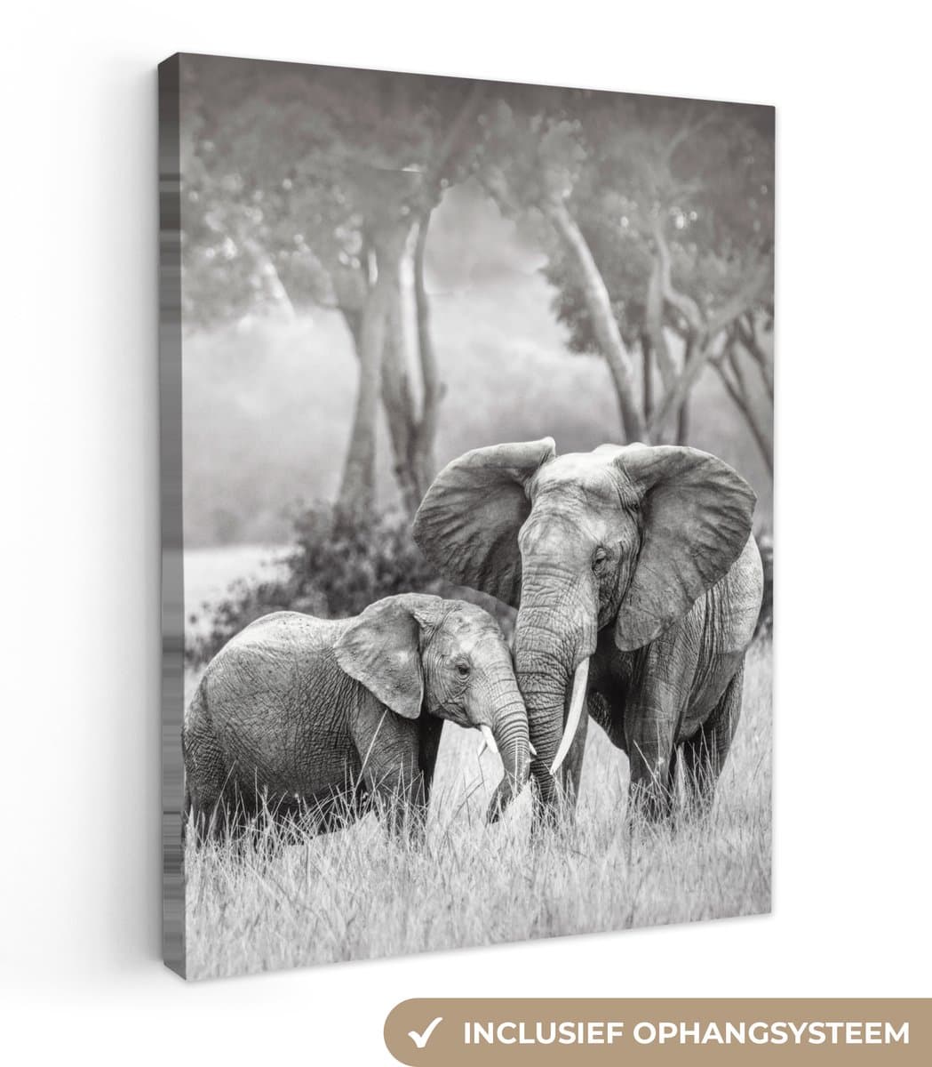 Canvas schilderij 60x80 cm - Wanddecoratie Olifant - Dieren - Natuur - Zwart wit - Muurdecoratie woonkamer - Slaapkamer decoratie - Kamer accessoires - Schilderijen op canvas