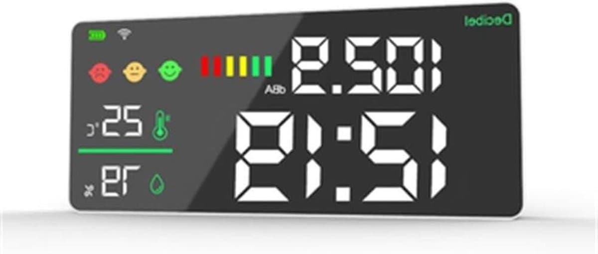 Decibelmeter met Klok - Geluidsmeter Wifi - Omgevingsmonitoring - Temperatuurmeting - 25x15x5 cm - Wit