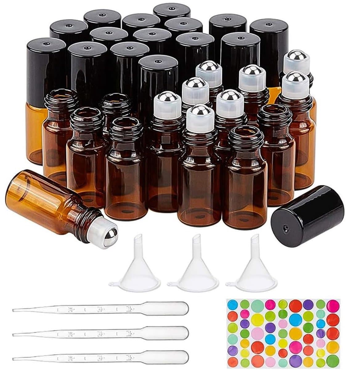 Dailygoods- Flessen Set 30 Stuks - 3 ml Amberkleurig Glas - Met Zwarte Dop - Inclusief Trechters/Druppelaars - Perfect voor Etherische Olie - Lichtgewicht en Klein - Olieflessen