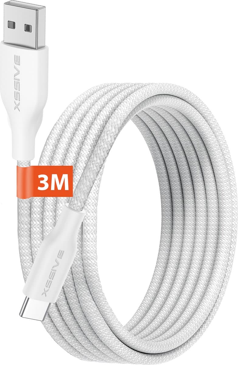 Lange USB-A naar USB-C Kabel 3 Meter - Quick Charge - Sterke USB naar USB C Kabels - Snellader - Wit