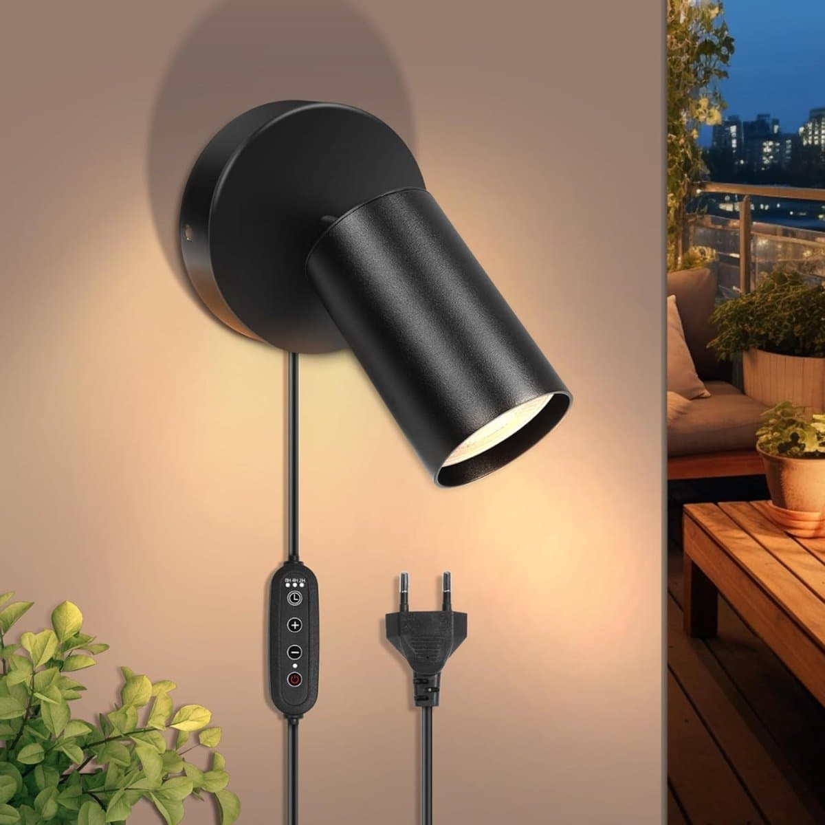 REN® Wandlamp Binnen met Snoer - Wandlamp - Wandlamp Binnen - draaibaar 350 graden - met timerfunctie - Zwart - 16cm x 12cm x 12cm