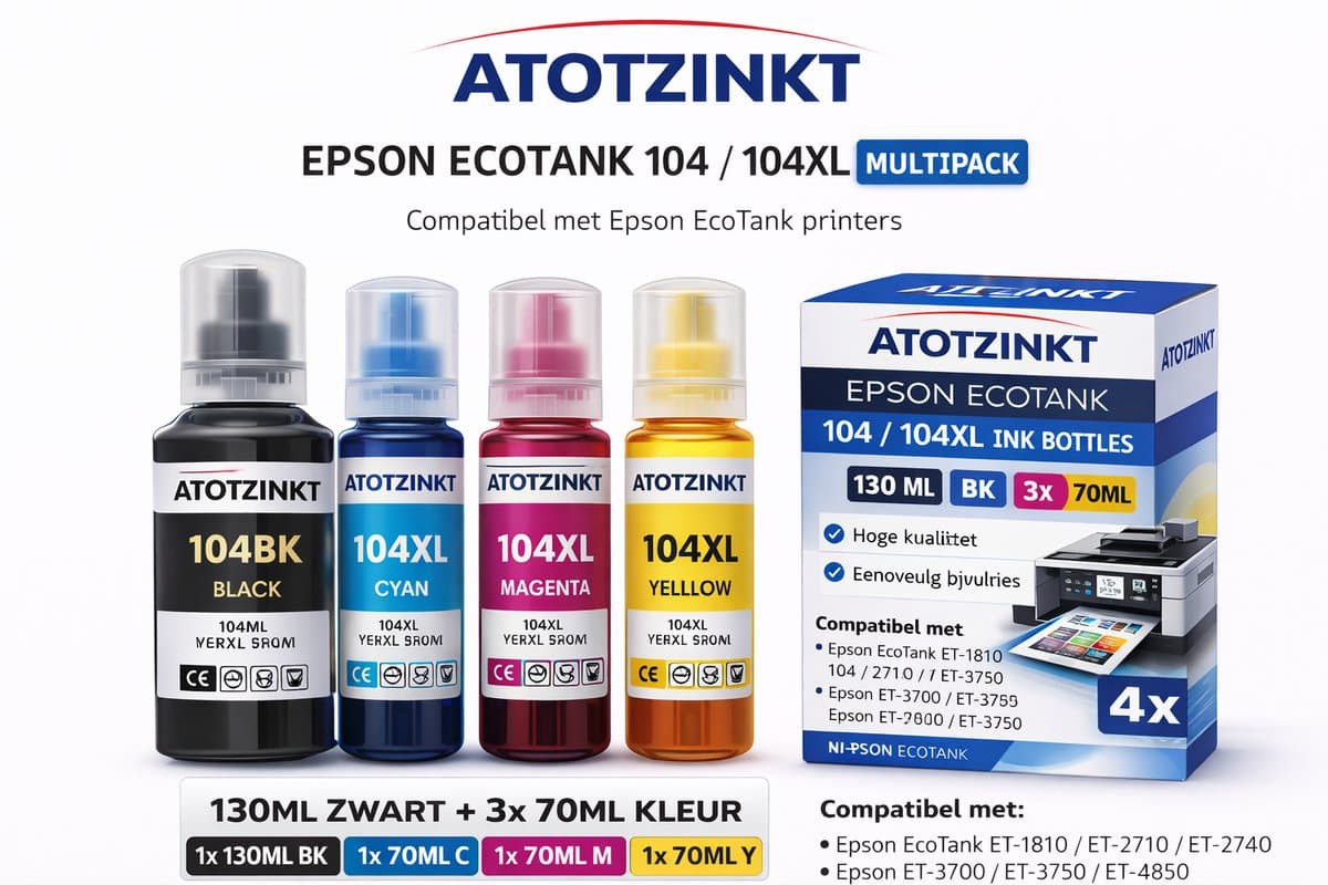 Atotzinkt Epson Ecotank 104 104XL T104 104BK 104Y 104M 104C Huismerk