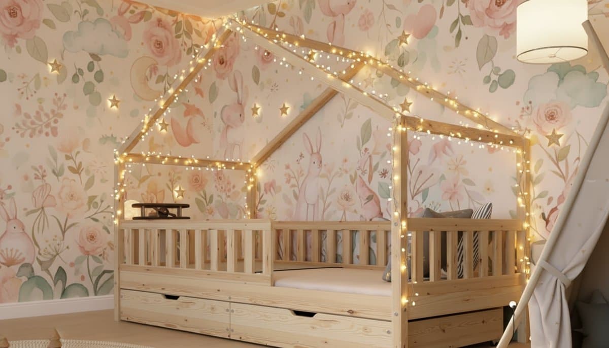 Cabin Bed met Lades 190x90 cm Kinderbed – Montessori Vloerbed met Veiligheidsleuning & Lattenbodem – Huisbed van Massief Grenenhout met 2 Opberglades – Scandinavisch Design – Natuurlijk Hout – Casa Velluto Nordic DreamHouse