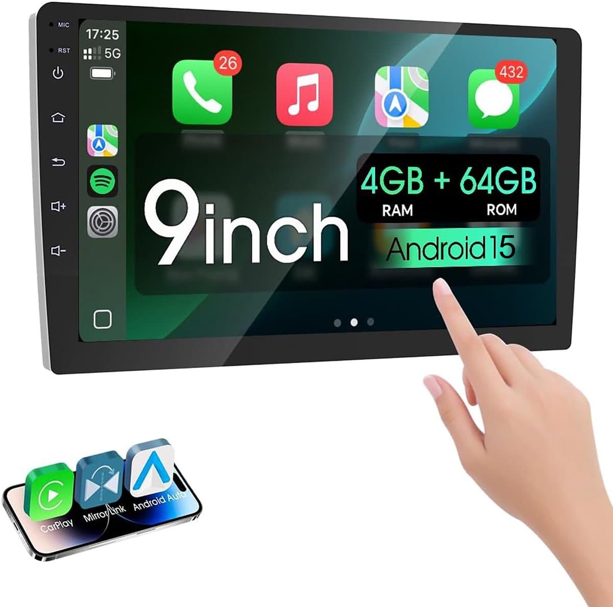 ESSGOO Autoradio 2Din Universeel - Android 15 - Apple Carplay & Android Auto - 9 Inch HD Touchscreen - GPS Navigatiesysteem - 4+64GB