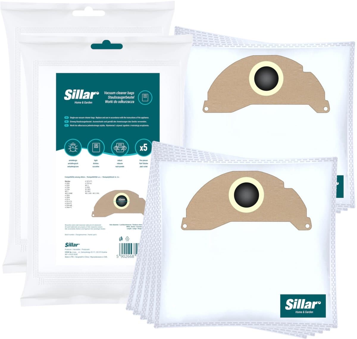 Sillar, stofzuigerzakken, synthetisch, van microvezel, 3 filterlagen, vervanging, geschikt voor stofzuigers Karcher WD2.200 WD 2400 WD 2500 E 5.100 SE 6.100, 10 stuks