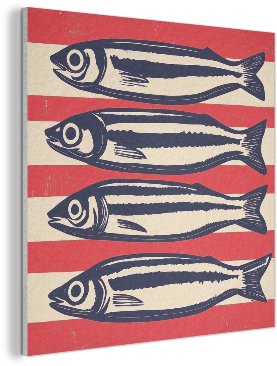 Akoestisch wandpaneel 50x50 cm - Vilt schilderij Sardines - Rood en beige strepen - Akoestische panelen - Geluidsdempende wanddecoratie - Geluidsisolatie woonkamer - Muurdecoratie geluidspanelen