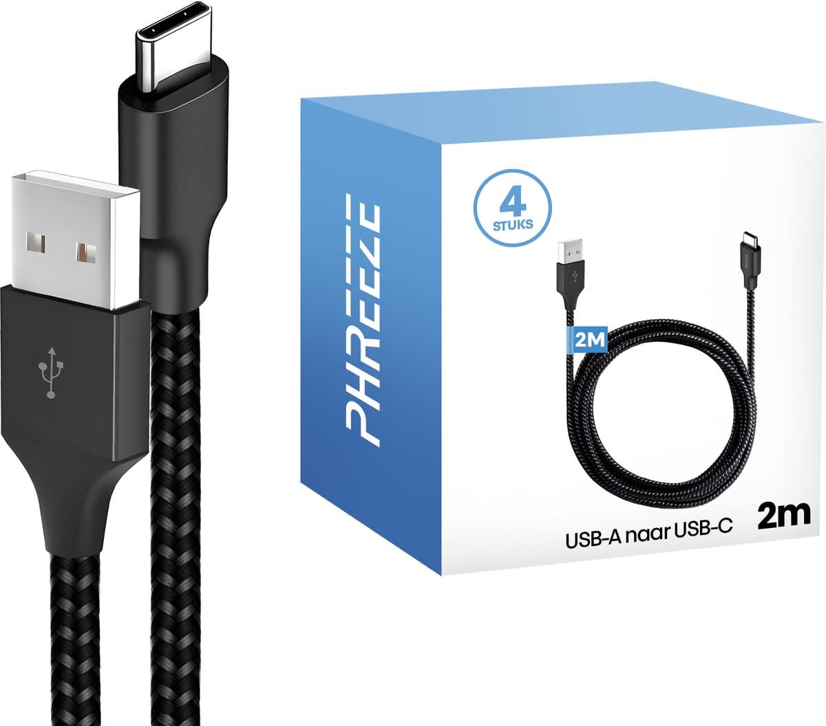 Usb naar usb C kabels 2 meter - Stevig & lang - 4 pack - Zwart - Phreeze