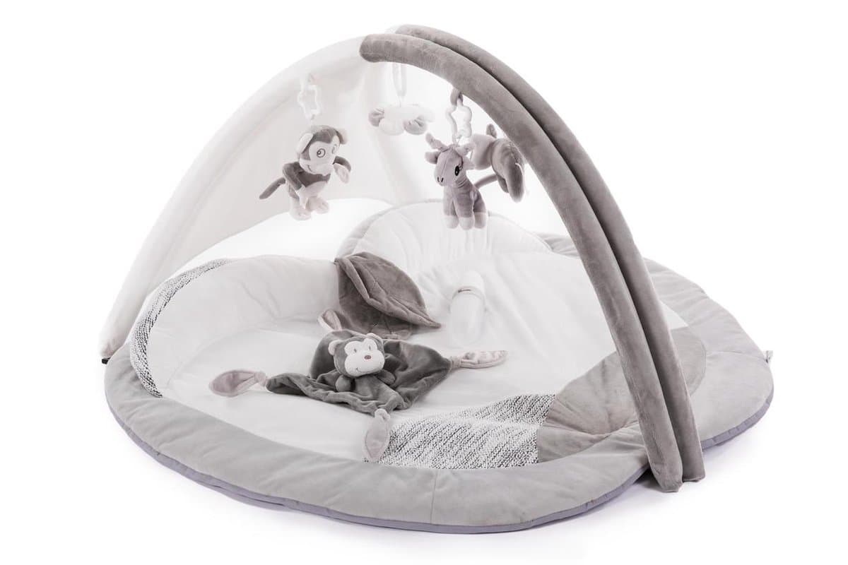 Bo Jungle - Speelmat Baby met speelboog - opvouwbaar met opbergzak - Baby Gym - Zachte stof - 4 knuffels - 90 x 60 cm - Play Gym Apple Grey - speeltapijt