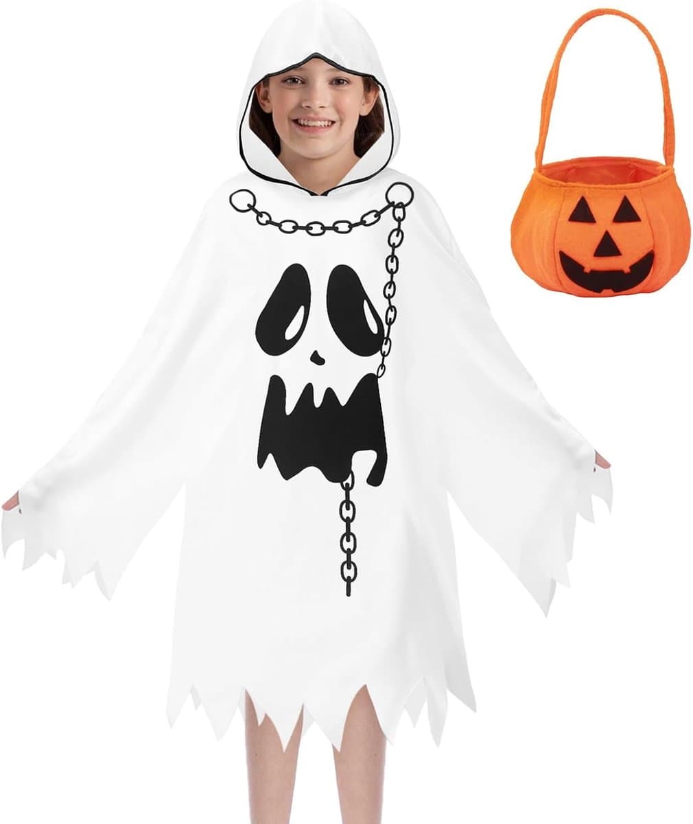 Spookkostuum voor kinderen – Halloween – Jongens & meisjes (maat 110 cm) + Draagtas in pompoenvorm, Halloween-snoepzak