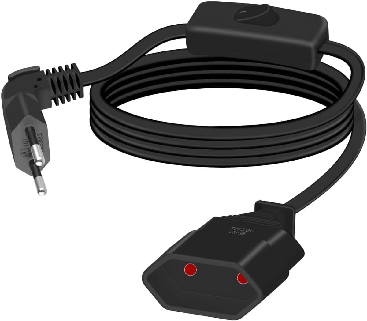 Netsnoer 90 graden met schakelaar type C platte stekker naar Euro type C bus 2,5 A/250 V 0,75 mm² voor monitor, tv, huishoudelijke apparaten (zwart)