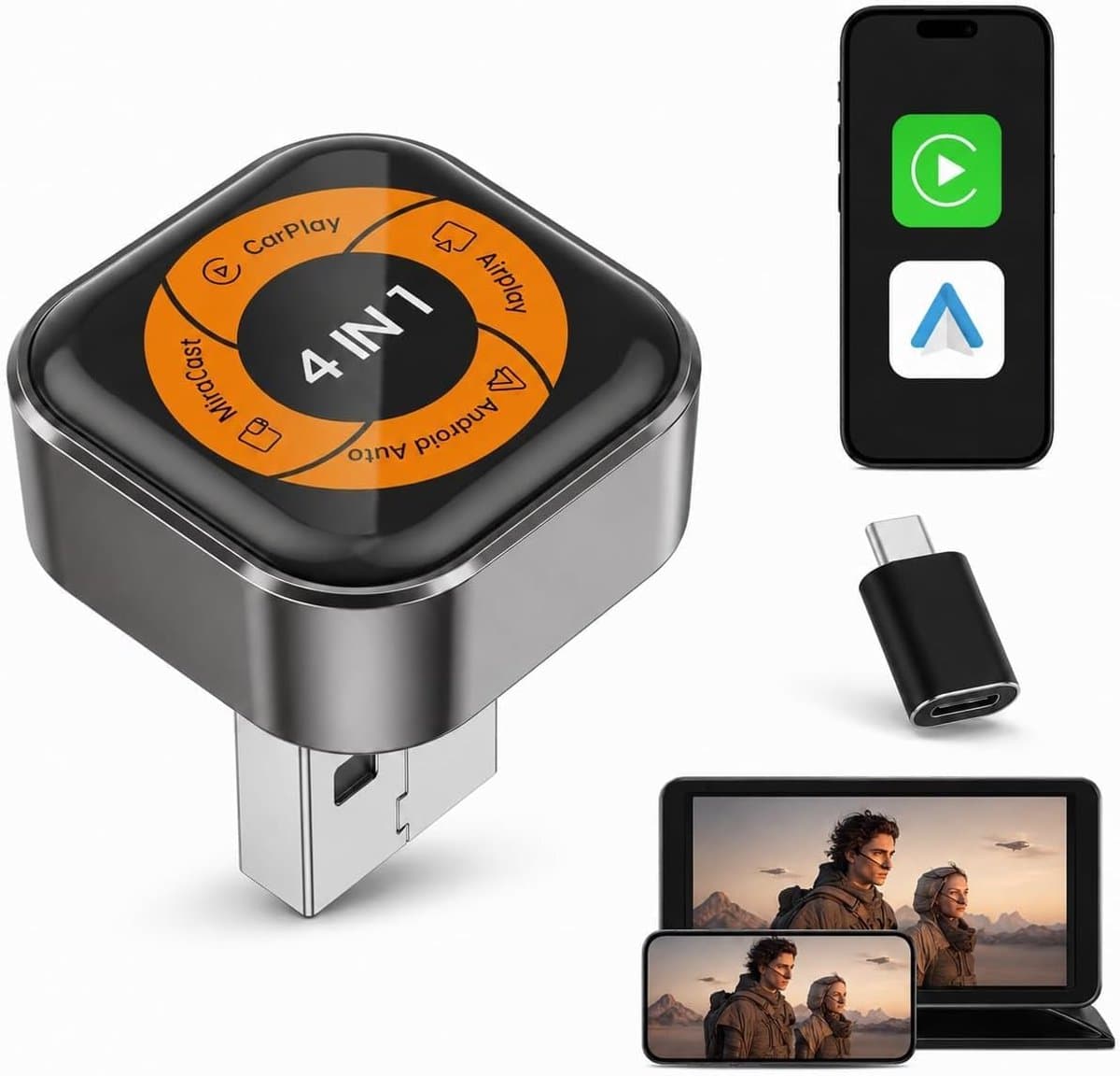 SnelShoppen - 4-in-1 Draadloze CarPlay Adapter, CarPlay & Android Auto, AirPlay, MirrorLink, Plug & Play, USB-A/C, 5,8 GHz WiFi, Bluetooth 5.4 voor Au