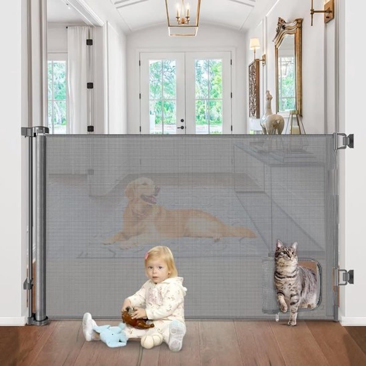 Extra Breed Intrekbaar Babyhek met Kattendeur - Veilig Hondenhek voor Binnen en Buiten