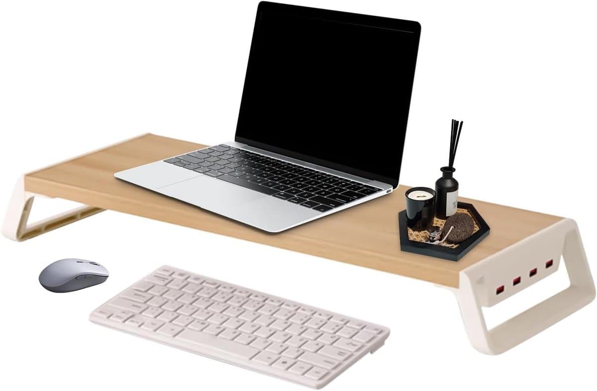 Monitor Verhoger - Bureau Organisator Plank - Ergonomisch Werken - Met 4 USB-poorten - 50x20x7.5 cm - Houtkleur met wit