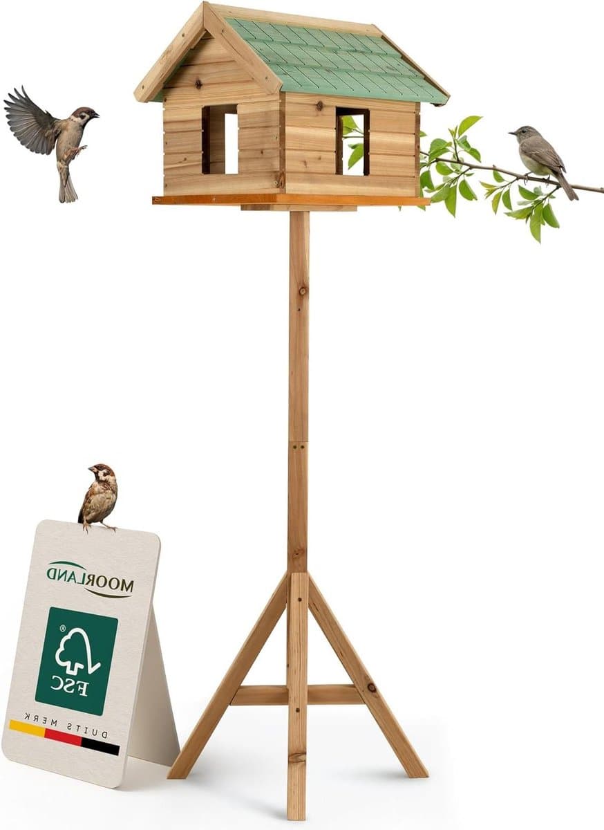 Houten Voederhuisje - Vogelhuis - Vogels Voeren - Weerbestendig Dak - 135 cm Hoog - Groen