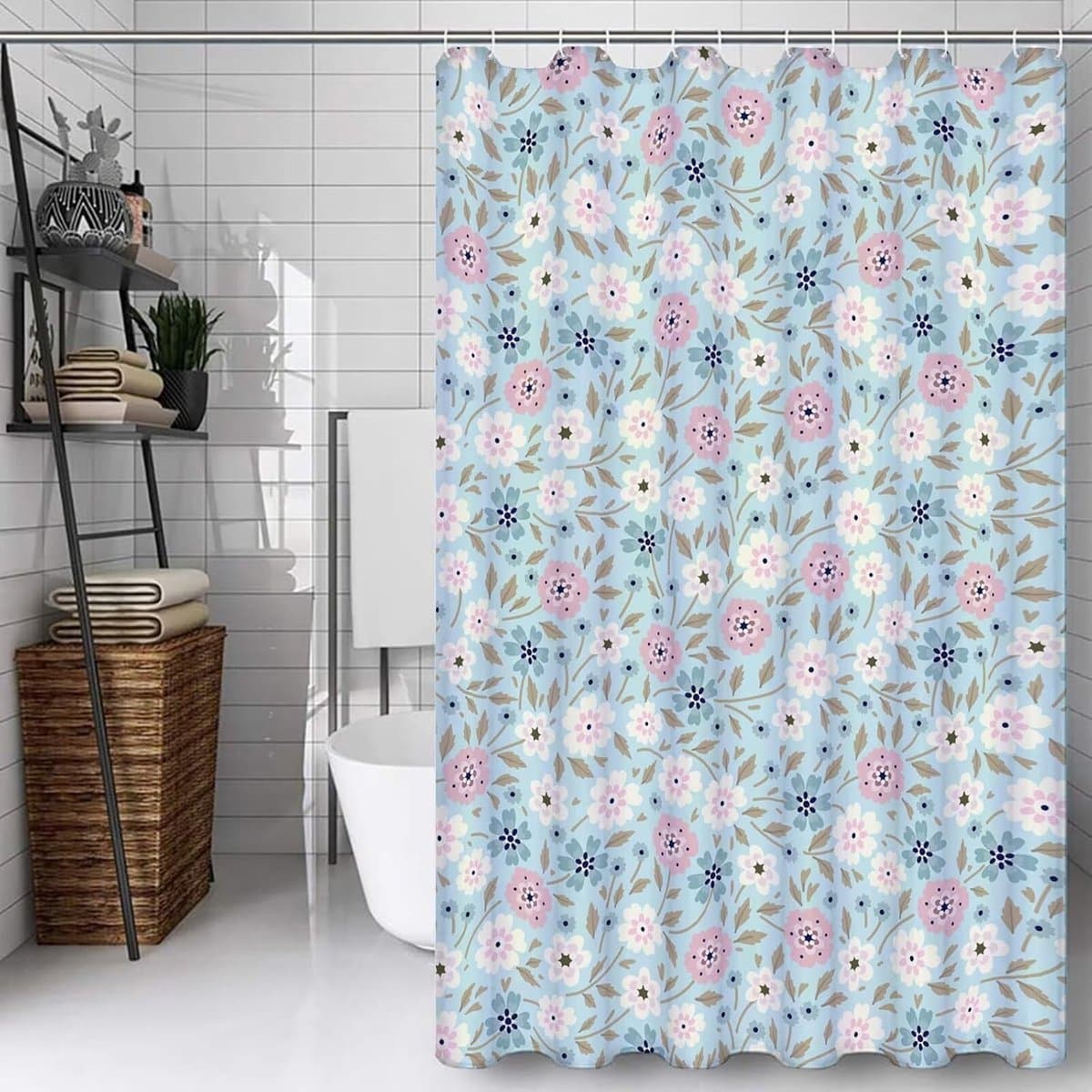 Douchegordijn - Badgordijn Textiel - Badkamer Decoratie - Waterafstotend Materiaal - 90 x 200 cm - Bloemenpatroon