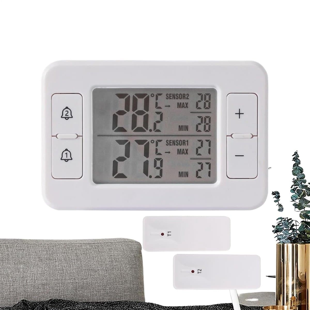 Digitale Temperatuurmonitor - Koelkast Vriezer Sensor - Voedsel Opslag Bewaken - Draadloze Dubbele Sensoren - 10.8 Centimeter - Wit