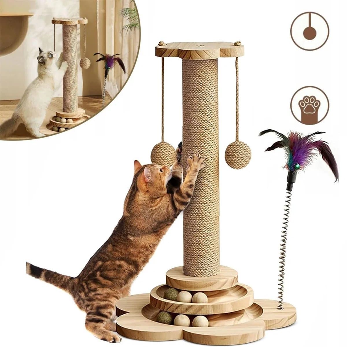 Bresht Krabpaal - Krabzuil - Houten voet - Interactief speelplezier - Voor kittens/katten - Eenvoudig te monteren - Houtlook