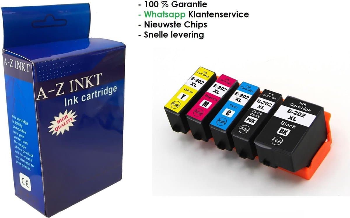 AtotZinkt Huismerk cartridges voor Epson 202 XL, 202xl multipack van 5 kleuren (1*zwart, 1*foto zwart, 1*C/M/Y) Multipack van 5 cartridges voor Expression Premium XP 6000, XP 6005, XP 6100 en XP 6105