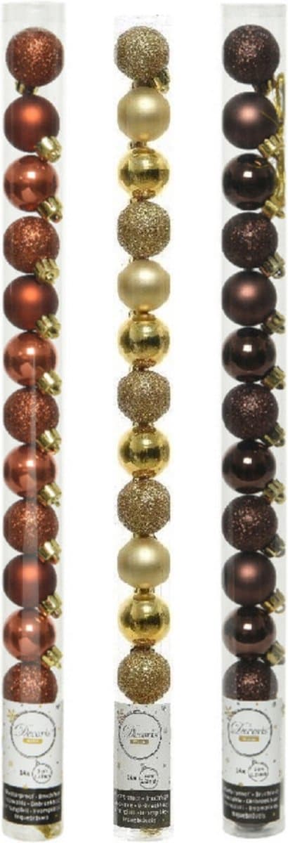 42x Stuks kunststof kerstballen mix donker bruin/terra bruin/goud 3 cm - Kleine kerstballetjes - Kerstboomversiering