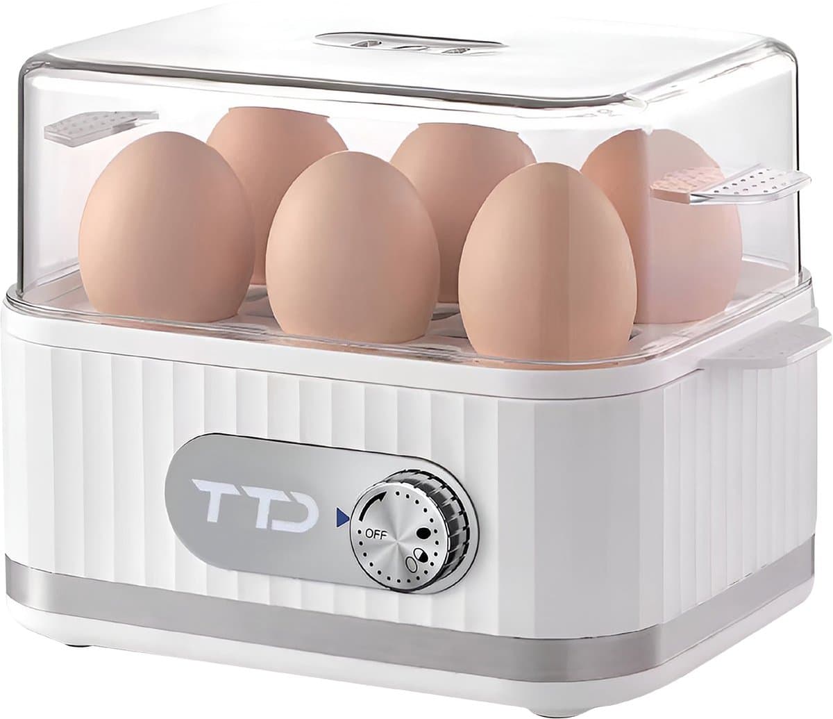 TTD® Smart Eierkoker Elektrisch met Timer - Geschikt voor 1 tot 6 Eieren - Hardgekookt, Zachtgekookt of Halfzacht - Eierwekker - Eierkoker Electrisch - Inclusief Eierprikker en Maatbeker