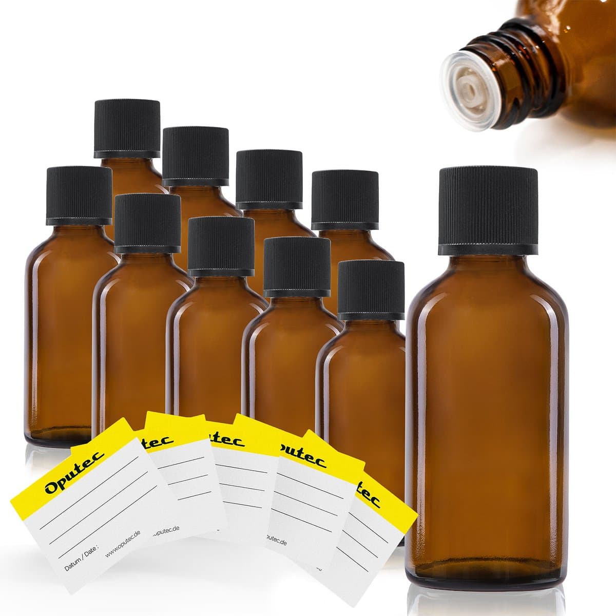 Oputec 10 x 30ml druppelflesjes – bruine apothekersflesjes met druppelinzet & etiketten – lekvrij & kindveilig