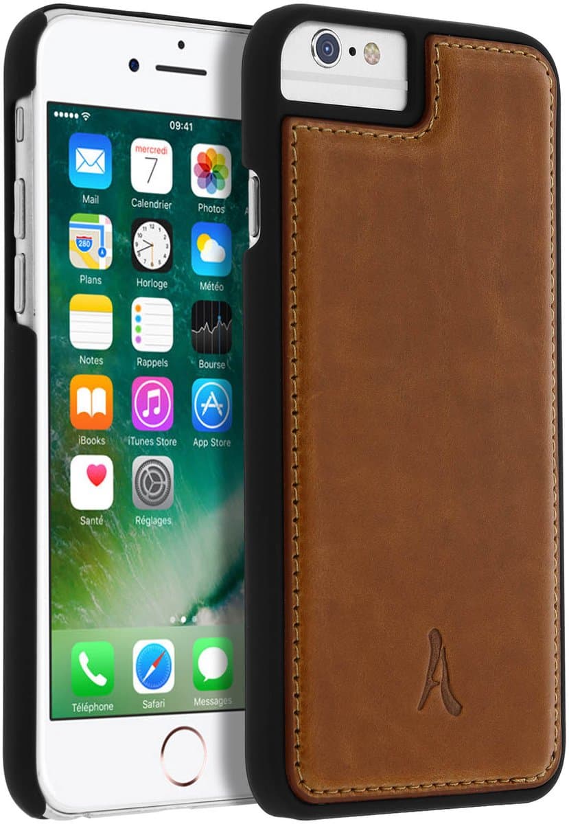 Akashi, Hoesje Geschikt voor Apple iPhone 8+, 7+, 6+, 6S+ Bescherming Rigid Genuine Leather, Bruin