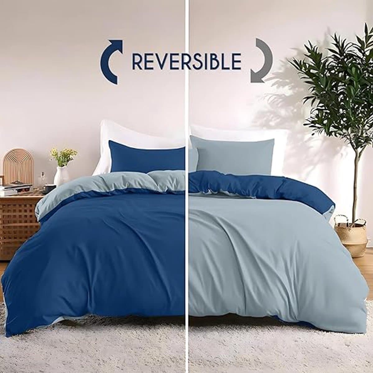 Dekbedovertrek 200x200 cm met 2 kussenslopen 80x80 cm - Donkerblauw/Blauwgrijs - 200x200 Bedset in 100% microvezel - 3-delig
