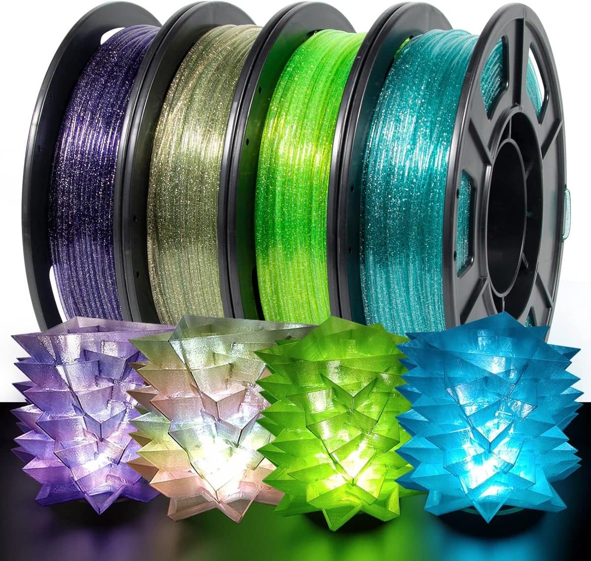 PETG Glitter 3D Printer Filament Set 4 Kleuren 1,75 mm Lichtdoorschijnend