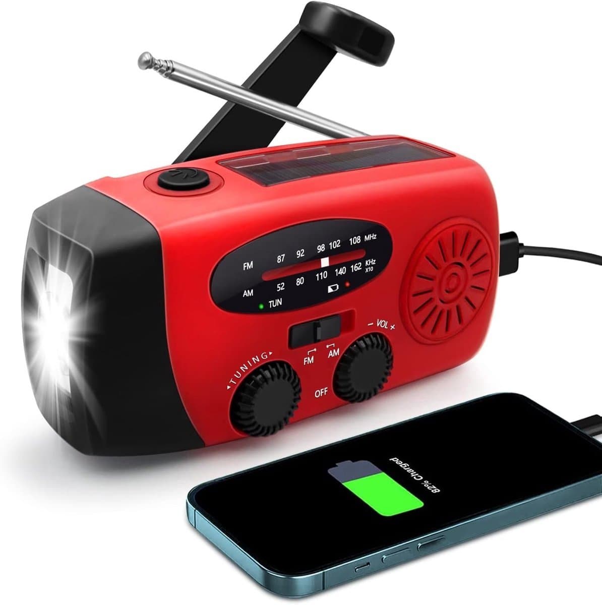 Soundlogic FM-Radio op Zonne-energie - Met Zaklamp & Powerbank 2000mAh - Rood