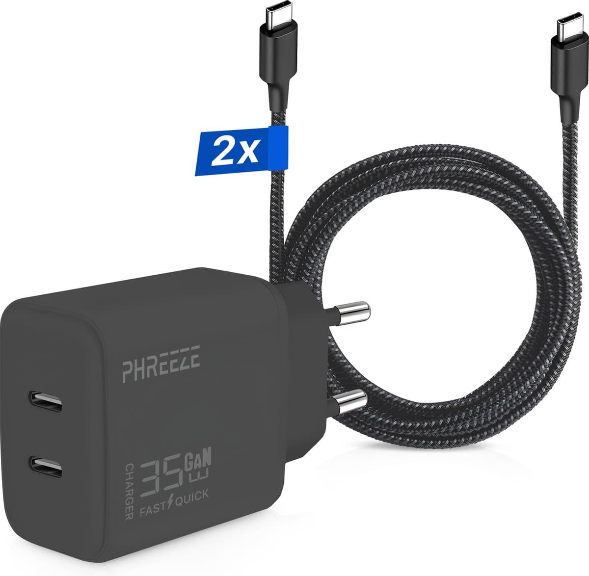 35W USB C Snellader met 2x USB C naar USB C Kabels (3 Meter) – USB C Adapter Voor Laptop, Smartphone en Tablet