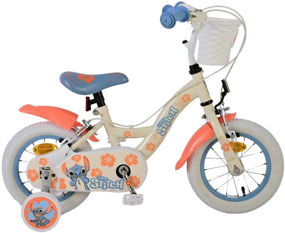 Disney Stitch Kinderfiets - Meisjes - 12 inch - Twee handremmen - Crème Koraal Blauw