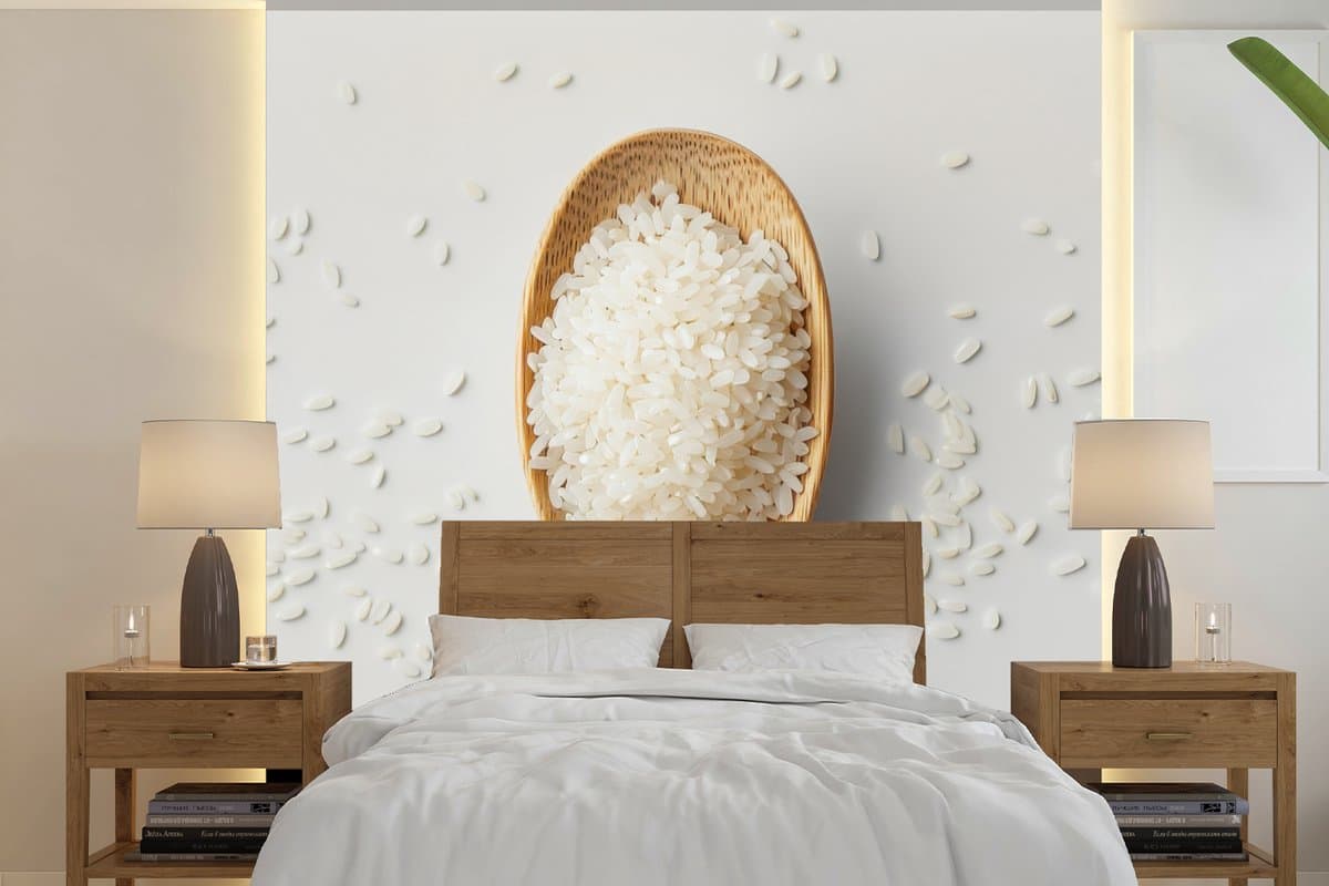 Behang - Fotobehang Hout - Lepel - Rijst - Breedte 280 cm x hoogte 280 cm