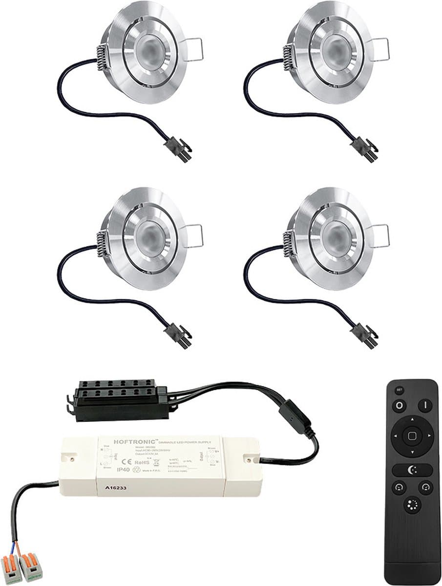 Set van 4 Sienna LED Mini Inbouwspots met trafo - 12 Volt 3 Watt 200 lumen - Dimbaar - Kantelbaar - Plat 30mm - 2700K - IP44 waterdicht - RVS