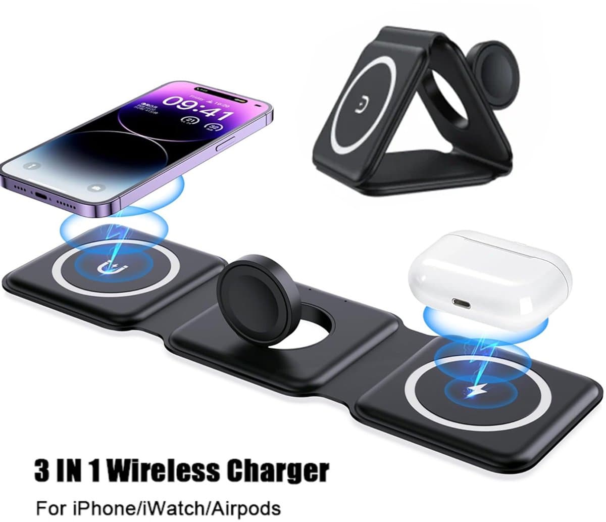 3 in 1 Magnetische draadloze opvouwbare snel lader QI. Geschikt voor oa. Apple en Samsung