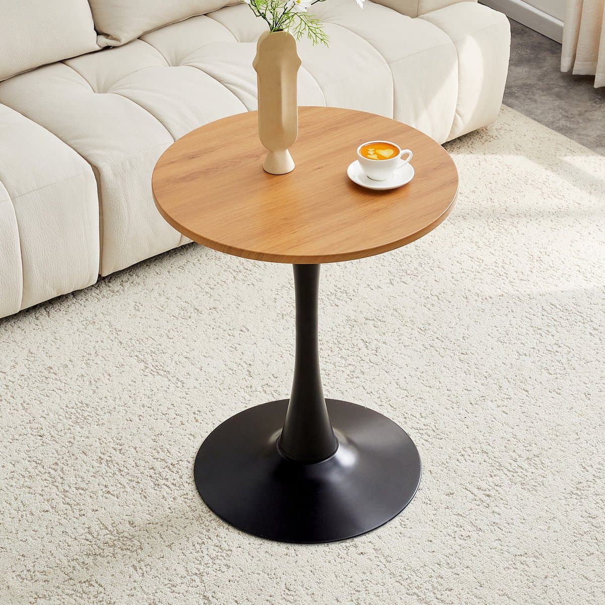 MIVRAY Bijzettafel - Ronde Tafel Met Houtnerf En Stabiele Voet Voor Woonkamer En Leeshoek - MDF En Metaal - Zwart